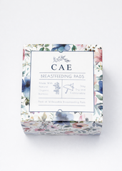 Pack of CAE reusable bamboo breastfeeding pads with floral design on a white background, 14 pack