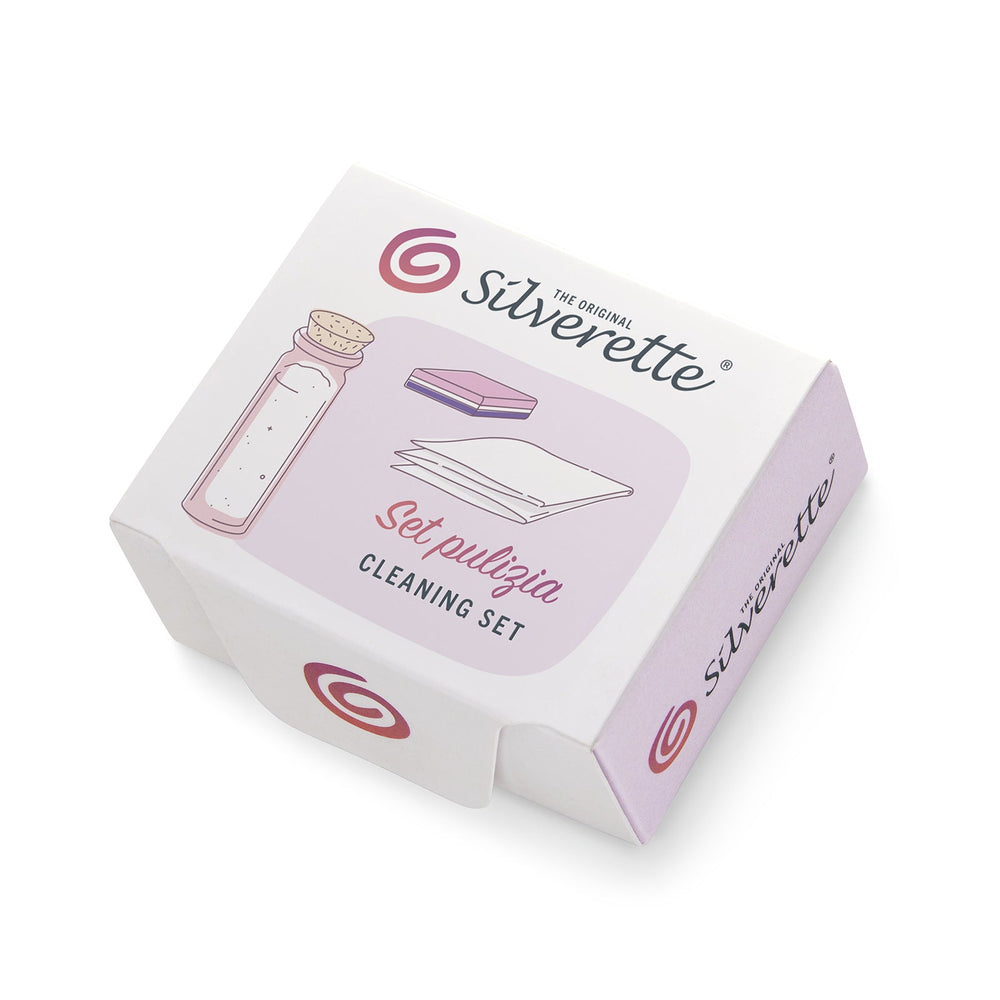 Silverette Cleaning Set box for silver nursing cups, side view