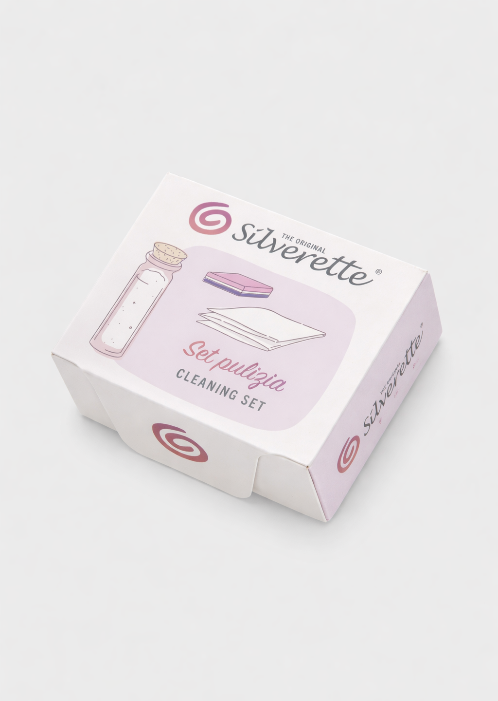 Silverette Cleaning Set box for silver nursing cups, with baking soda, cotton gauze and sponge