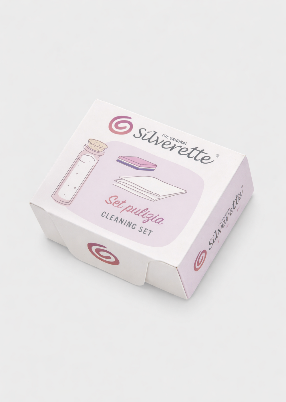 Silverette Cleaning Set box for silver nursing cups, with baking soda, cotton gauze and sponge