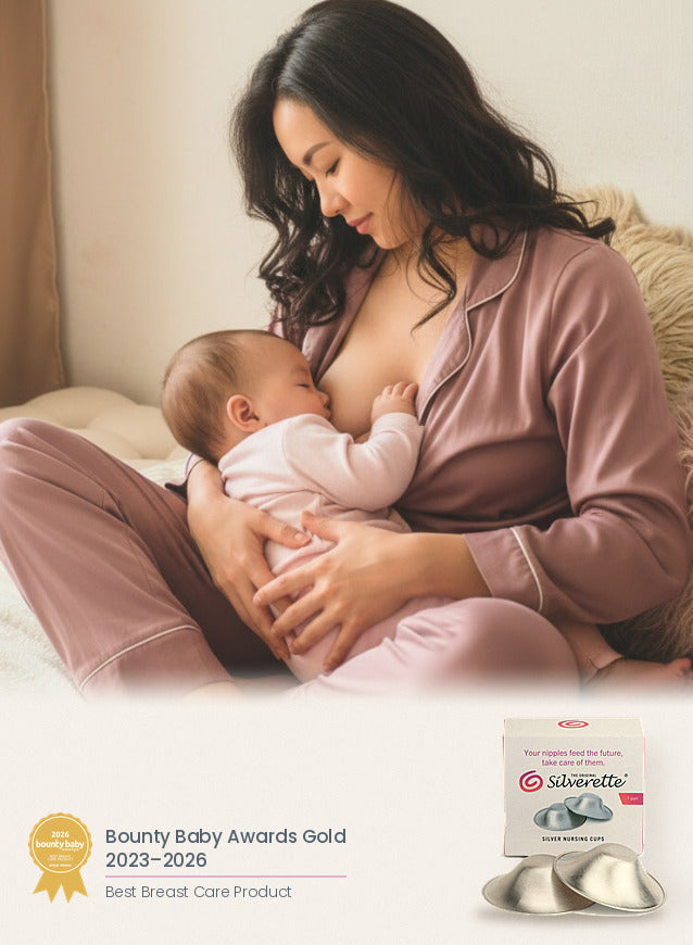 Mother breastfeeding her baby, with a box of Silverette silver nursing cups and the Bounty Baby Awards Gold 2023–2026 badge